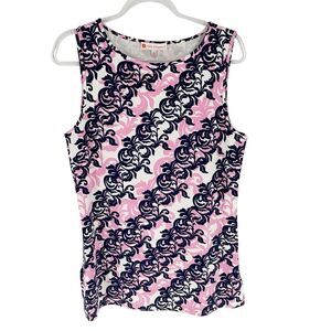 Jude Connally Top Women L Blue Pink Scroll Whitney Tunic Ponte Stretch NEW $168